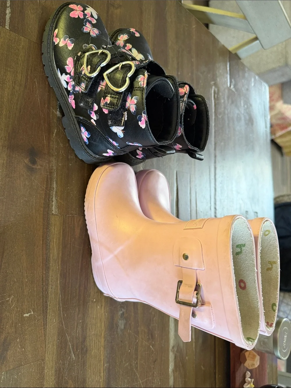 Girls Pink Rain Boots and Black butterfly Buckle Boots - Stylish Duo